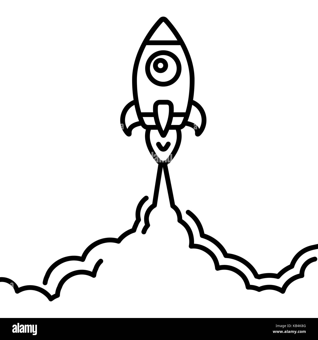 Minimalista di lancio del razzo icona linea. rocket illustrazione di nuvole, spazio e lanciare fiamme, linea tecnica. Illustrazione Vettoriale