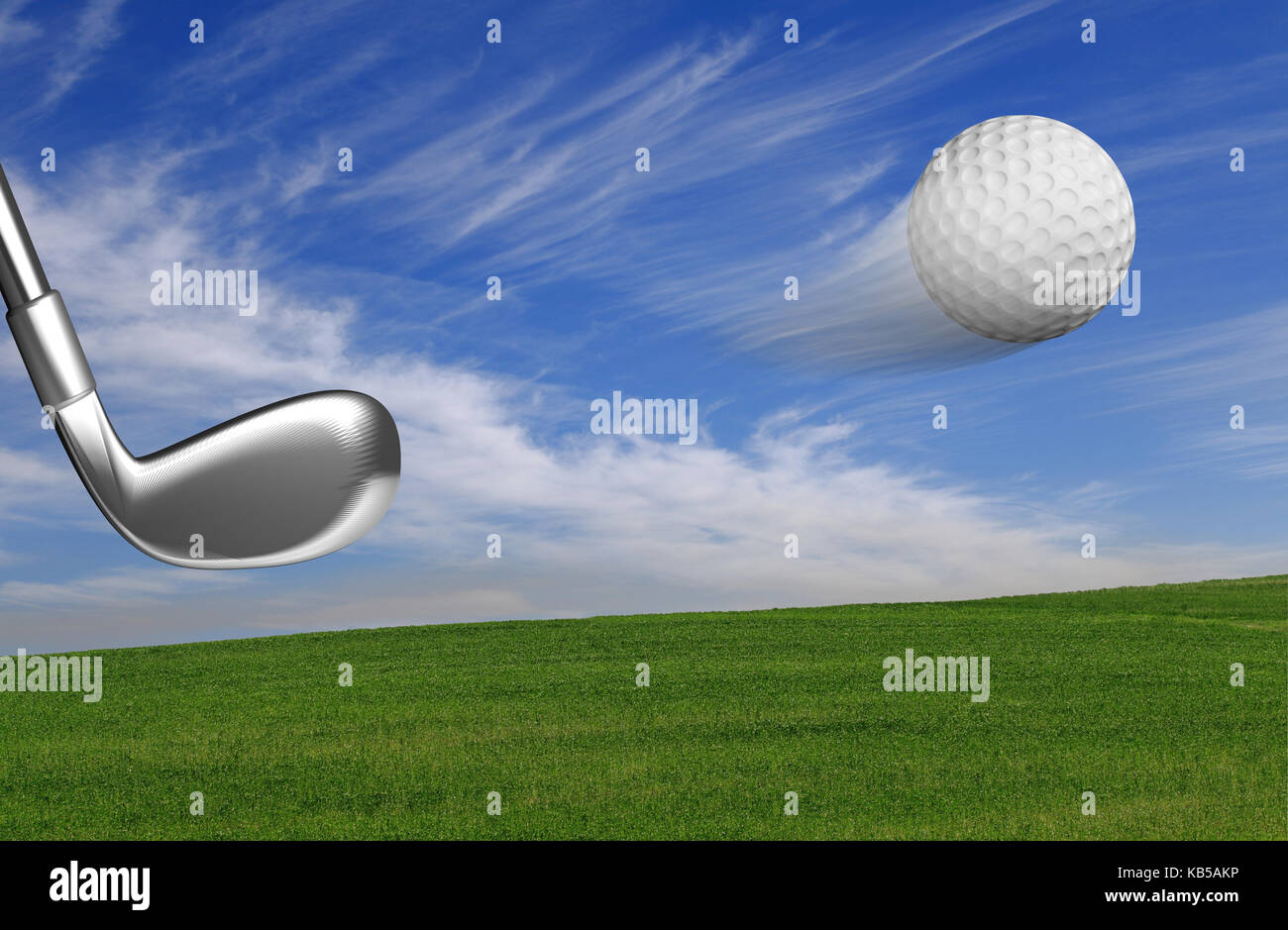 La pallina da golf con il club in azione con sfondo all'aperto Foto Stock