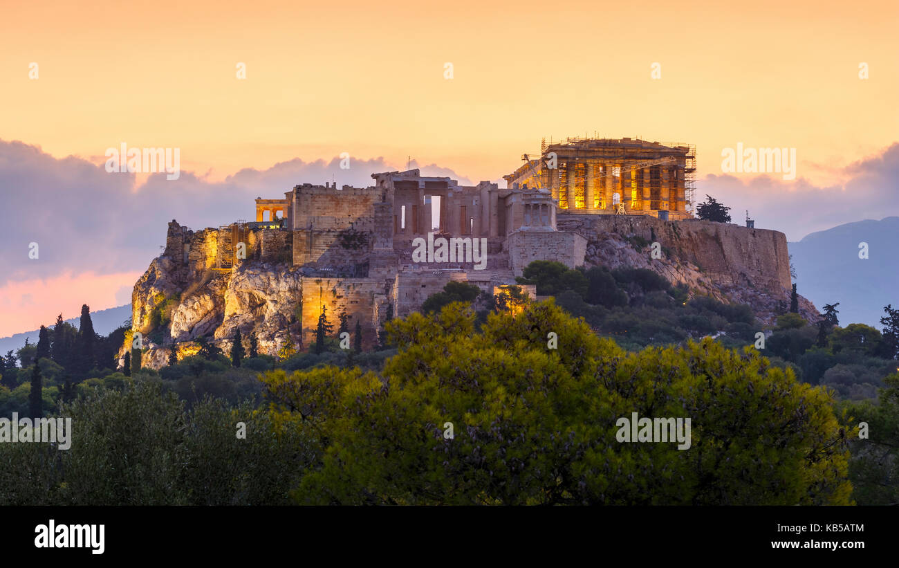 Vista la mattina dell'Acropoli dalla Pnice ad Atene, in Grecia. Foto Stock