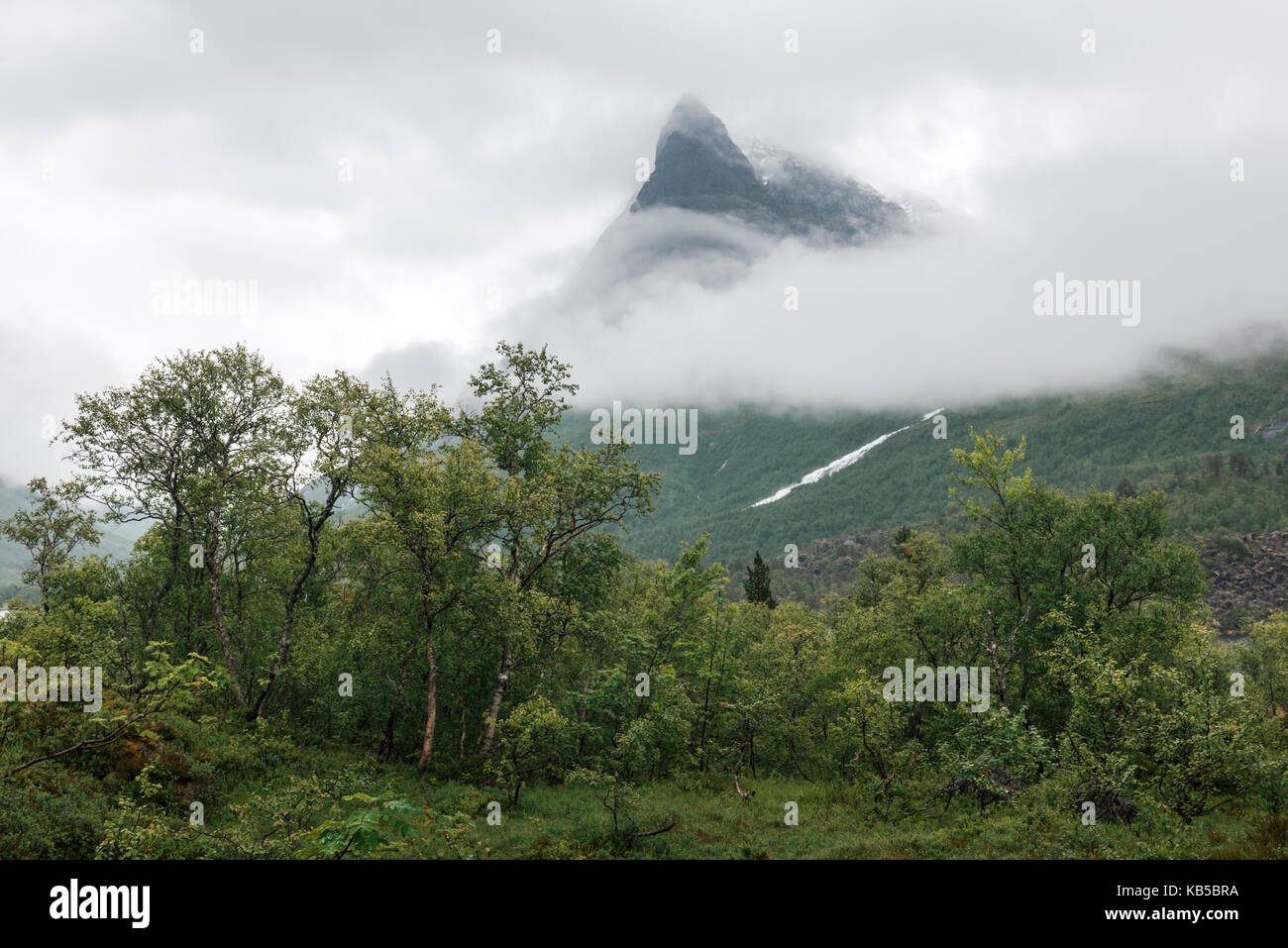 Picco di montagna nella nebbia in innerdalen Foto Stock