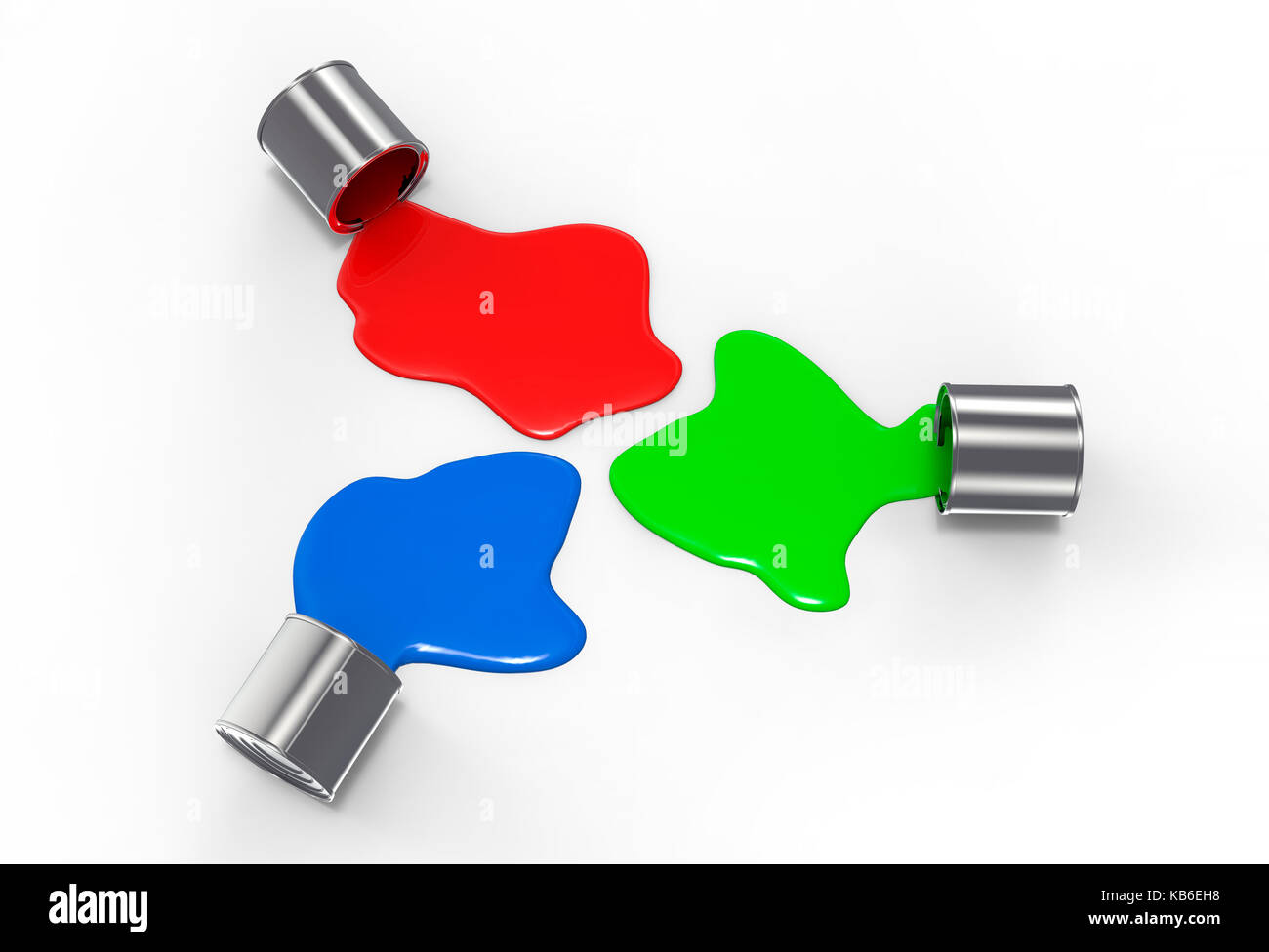 Tre cestelli metallici sversamento di vernice di colore sul terreno, 3d illustrazione Foto Stock