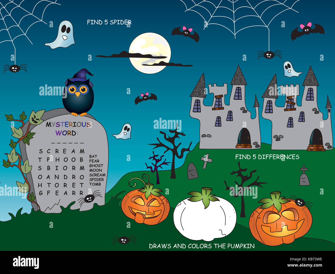 Gioco per bambini per Halloween: trovare le differenze, disegna e colori, trovare spider e cruciverba Foto Stock