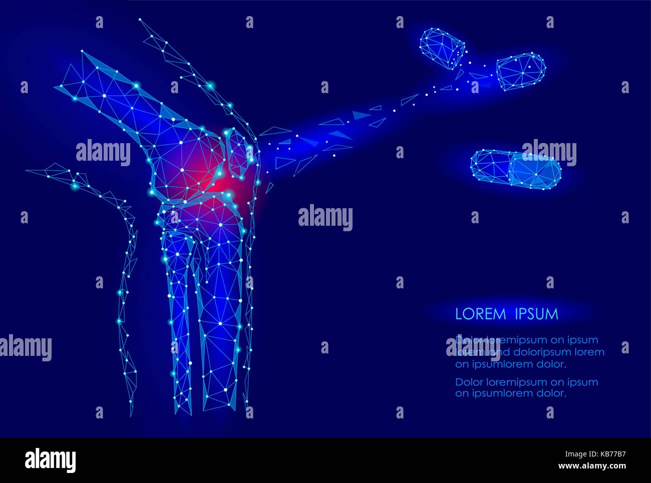 Articolazione di ginocchio umano modello 3d illustrazione vettoriale. bassa poli design tecnologia futura curare il dolore di trattamento. sfondo blu e rosso uomo pregiudizio gamba corpo farmaco medicina marketing capsula modello di pagina di intestazione Illustrazione Vettoriale