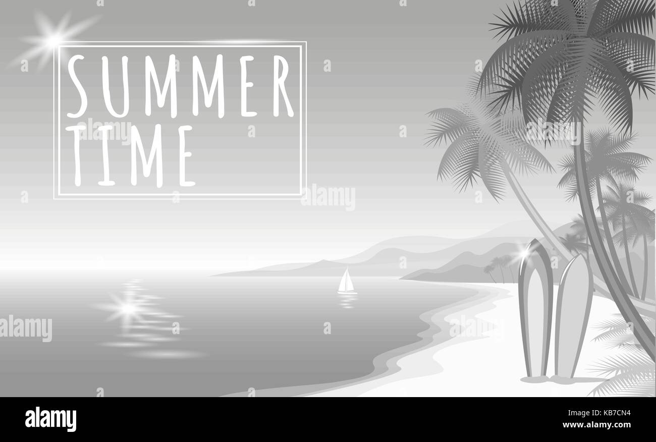 Estate mare spiaggia palm bianco grigio monocromatico banner web. sabbia mare blu onda acqua sunshite giornata calda e tavole da surf barca. sfondo neutro illustrazione vettoriale Illustrazione Vettoriale