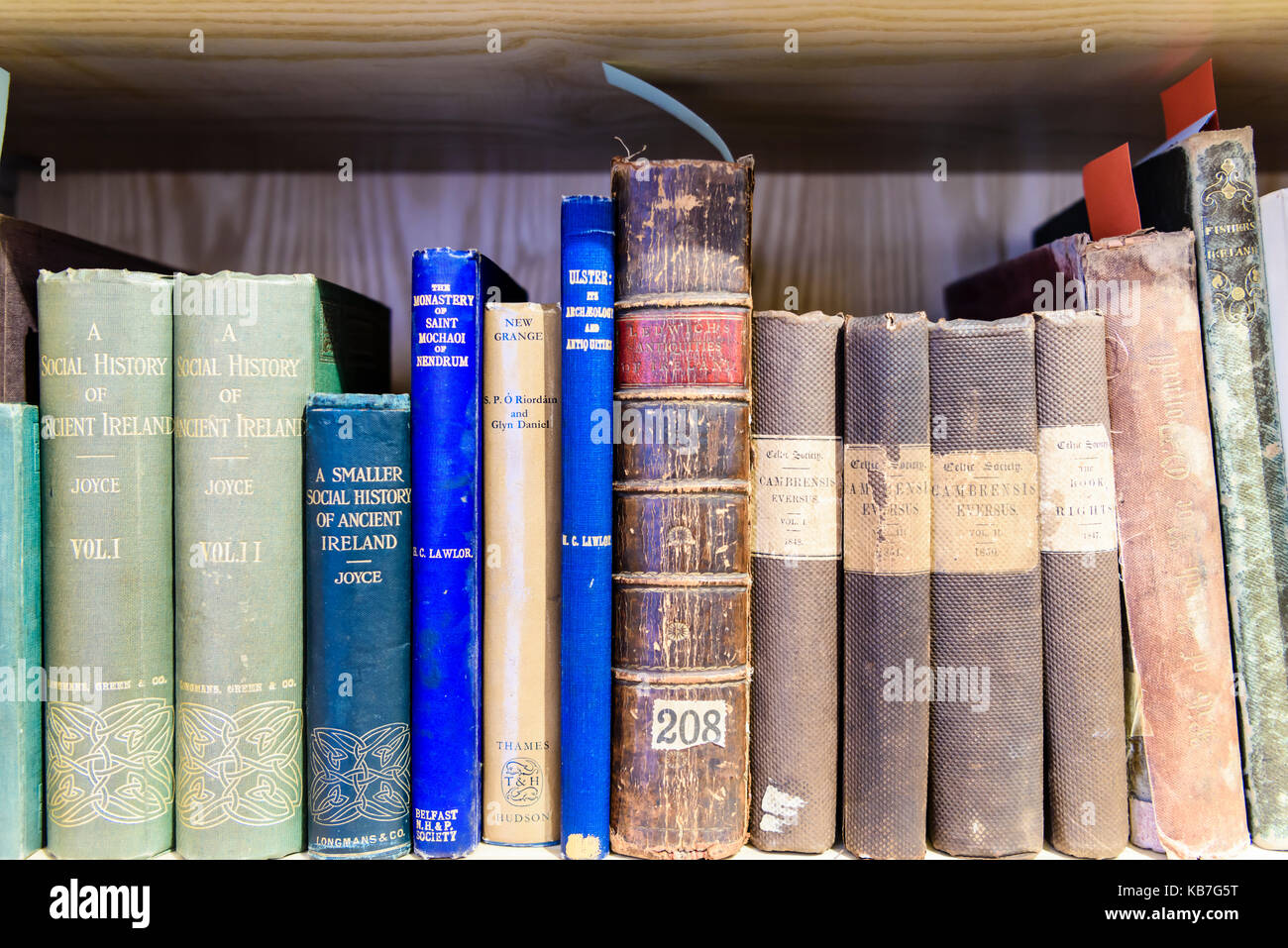 Vecchio Irish teologia dei libri in una biblioteca specializzata in storia irlandese. Foto Stock