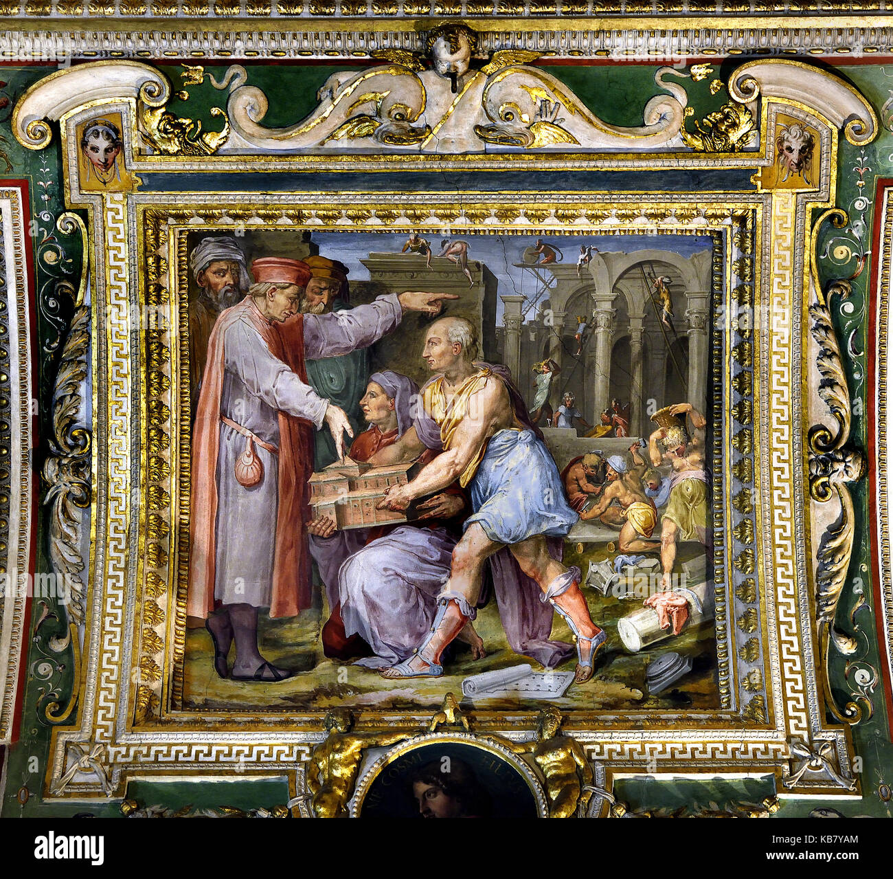 Filippo Brunelleschi e Lorenzo Ghiberti presente a Cosimo il modello della chiesa di San Lorenzo da Giorgio Vasari 1556-1558 del XVI secolo il Palazzo Vecchio a Firenze Italia Foto Stock