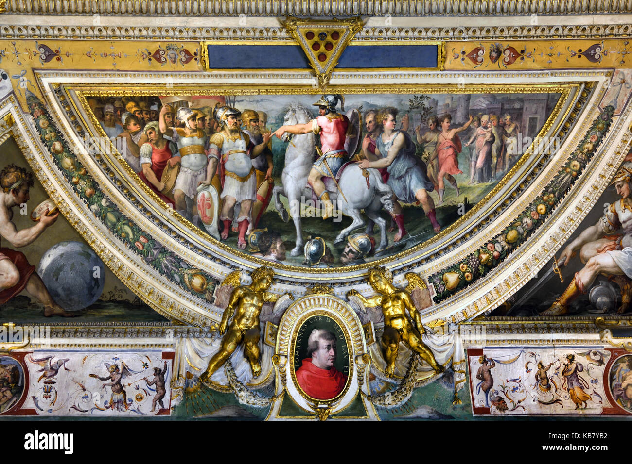 Camera di Lorenzo il Magnifico 1556-1558 ( appartamenti del papa Leone X ) dipinti di Giorgio Vasari e Marco Marchetti da Faenz ) Il Palazzo Vecchio a Firenze Italia Foto Stock