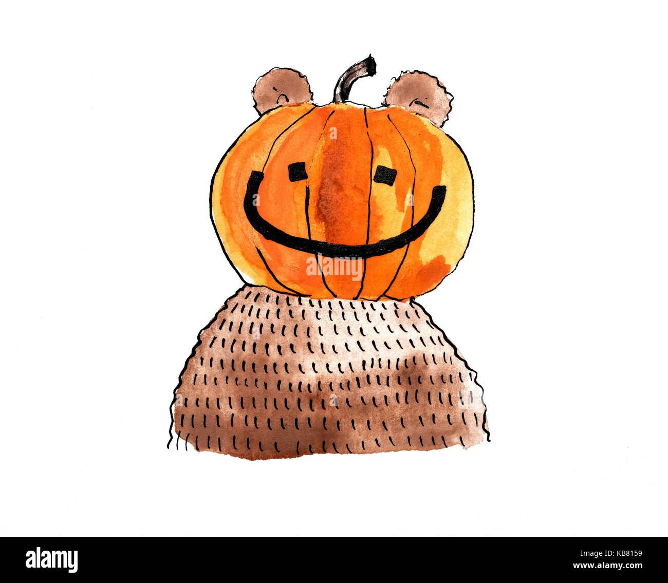 Carino e scary halloween testa di zucca orsacchiotto illustrazione. Cartoon ink character design Foto Stock