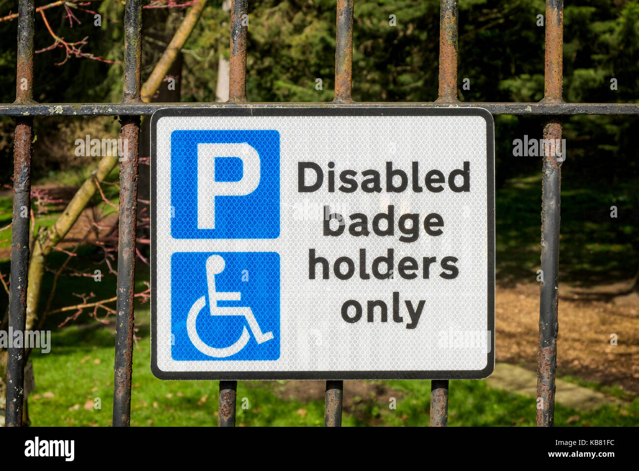 Un blue badge disabili titolari simbolo di parcheggio per i guidatori disabili è raffigurato nella Royal Victoria Park,bagno,l'Inghilterra, Regno Unito Foto Stock