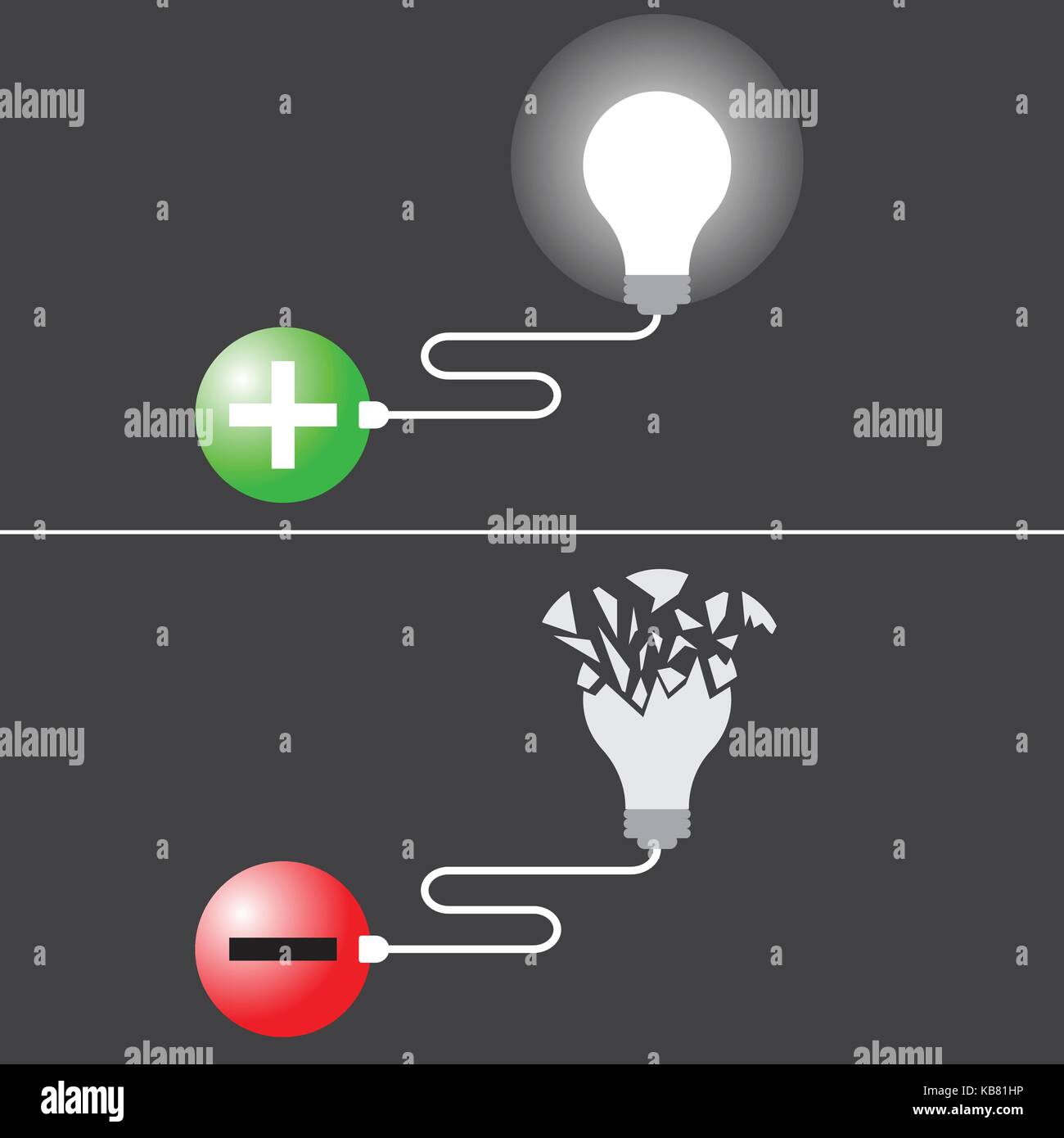 Il concetto di business come brillante lampadina i tappi nel simbolo positivo. lampadina rotta i tappi nel simbolo negativo Illustrazione Vettoriale