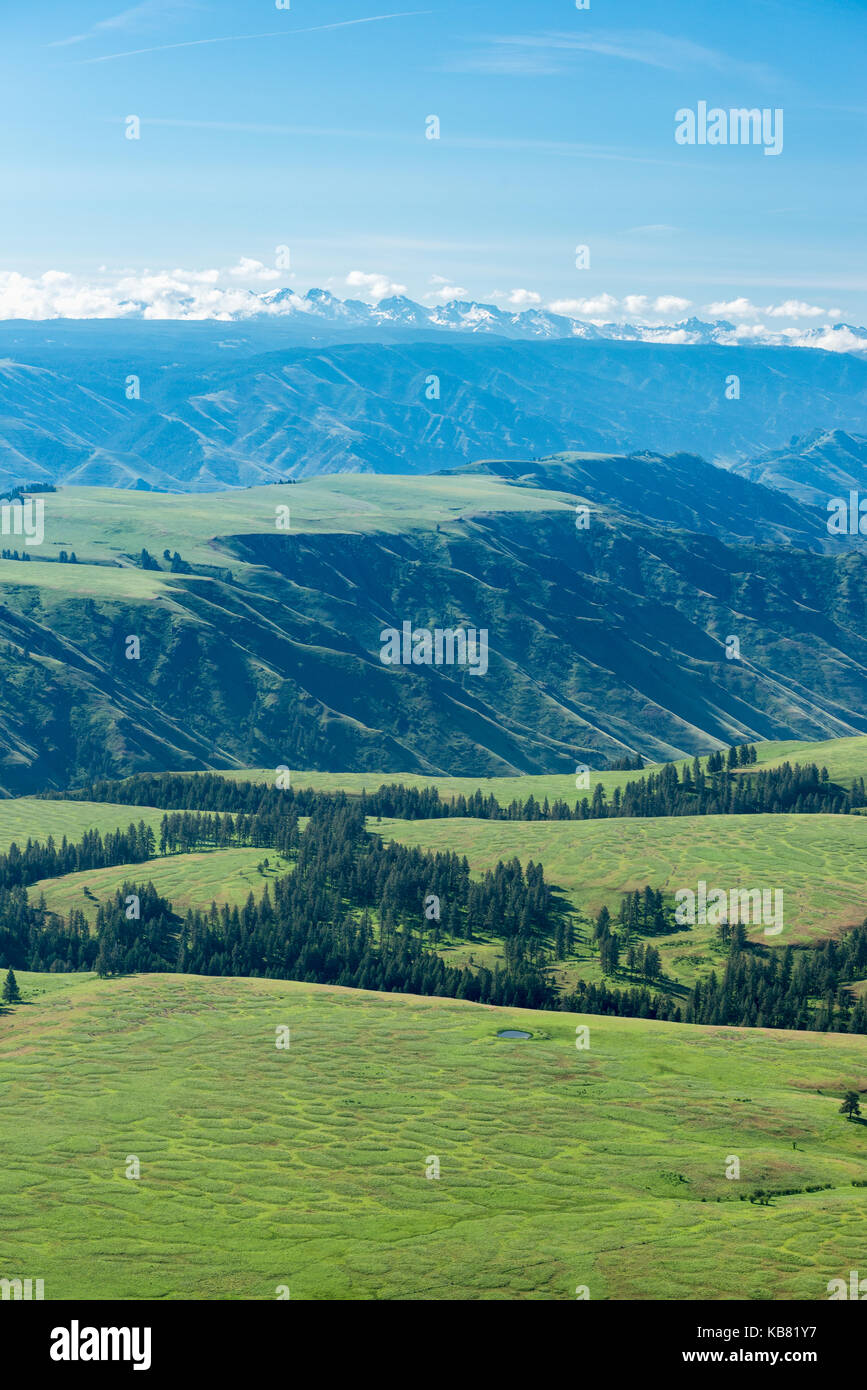 Vista aerea della Oregon la lunga cresta e Hells Canyon con idaho sette demoni montagne in distanza. Foto Stock