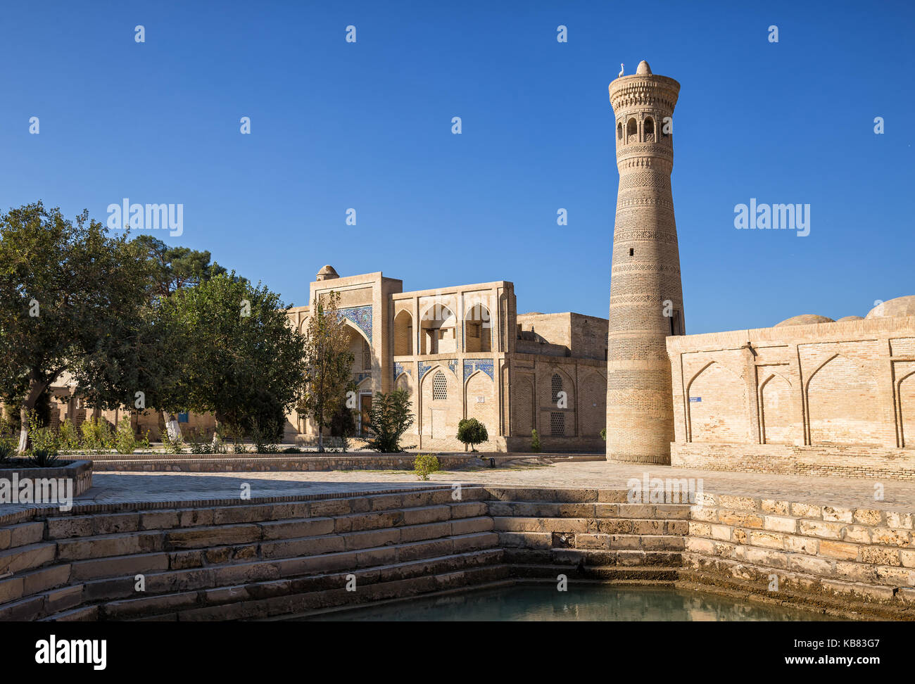 Khoja-gaukushan ensemble nel centro di bukhara consiste di un madrasah e moschea con un grande minareto Kalon khoja Foto Stock