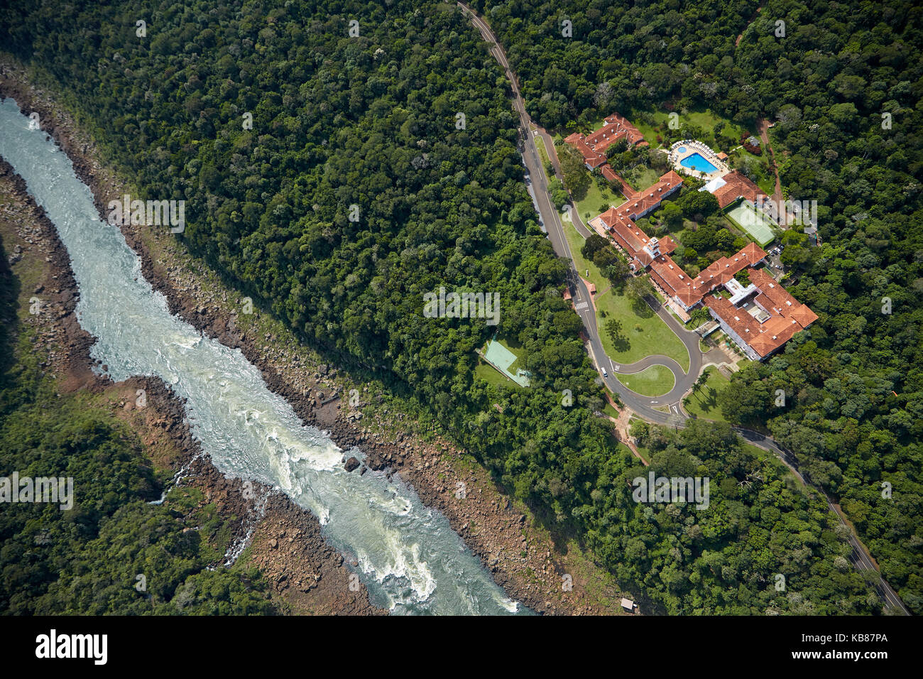 Belmond Hotel das Cataratas, e fiume Iguazu, Iguazu Falls, Parana state, Brasile, Sud America - aereo Foto Stock