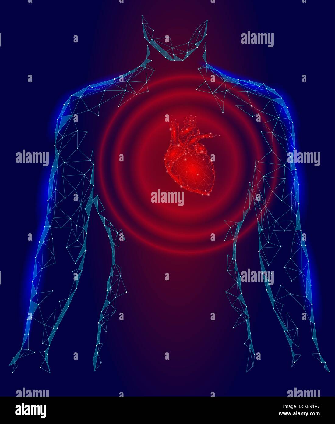 Silhouette uomo cuore batte 3d medicina modello di malattia bassa poli. triangolo di punti collegati punto bagliore rosso sfondo blu. d'onda dolore impulso dal corpo interno illustrazione vettoriale Illustrazione Vettoriale