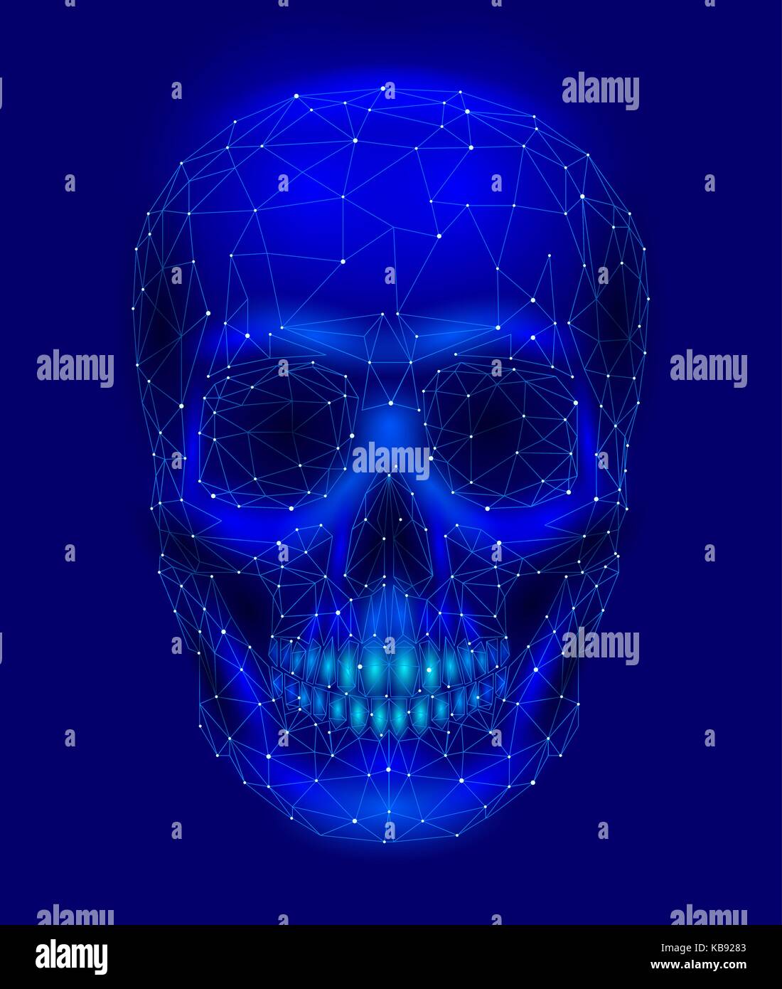 Scary teschio umano osso. l uomo ganascia testa occhi naso dente. bassa poli geometrica punti collegati a triangolo tecnologia futura progettazione blu di sfondo vettoriale illustrazione della medicina Illustrazione Vettoriale