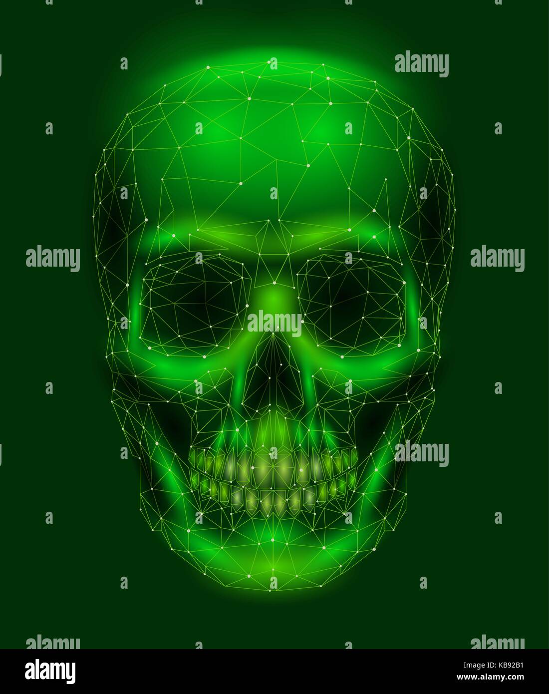 Scary teschio umano osso. l uomo ganascia testa occhi naso dente. bassa poli geometrica punti collegati a triangolo tecnologia futura progettazione verde dello sfondo vettoriale illustrazione della medicina Illustrazione Vettoriale