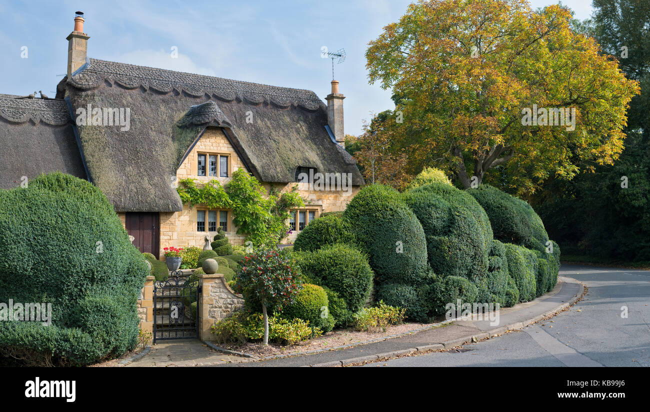 Cotswold stone cottage con tetto in paglia in autunno. Chipping Campden, Cotswolds, Gloucestershire, Inghilterra Foto Stock