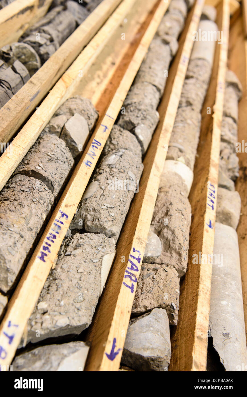 Nucleo di roccia campioni presso il Servizio geologico nazionale dell'Irlanda del Nord. Foto Stock