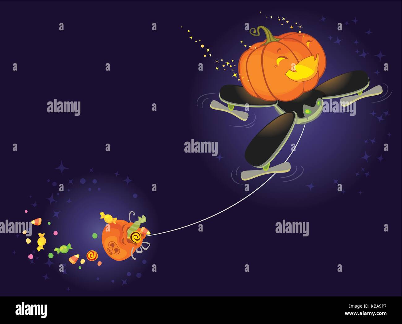 Il grazioso zucca di Halloween a volare su un drone e raccolta di dolci Illustrazione Vettoriale