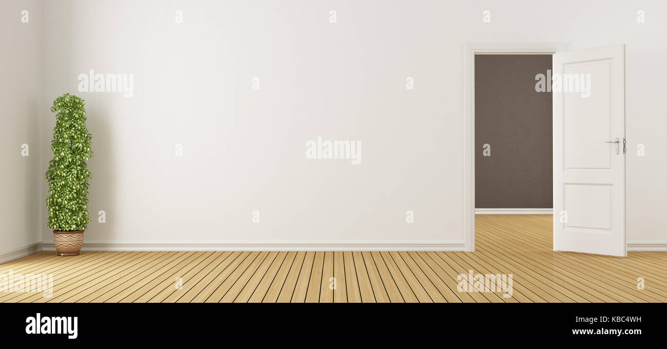 Vuoto interno bianco con openo porta e pavimento in legno - 3d rendering Foto Stock