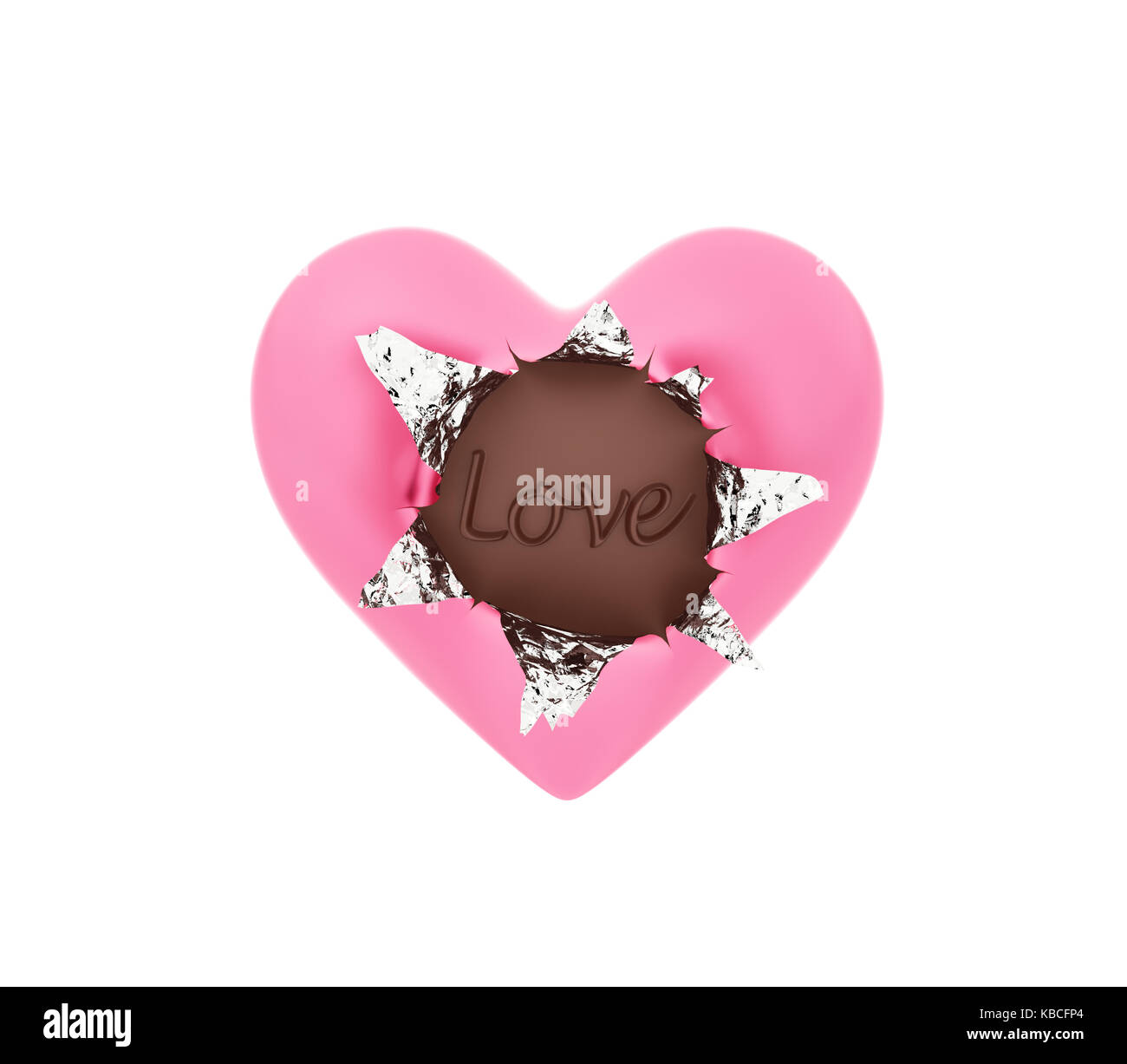 Forma di cuore di cioccolato con involucro in alluminio isolato su bianco Foto Stock