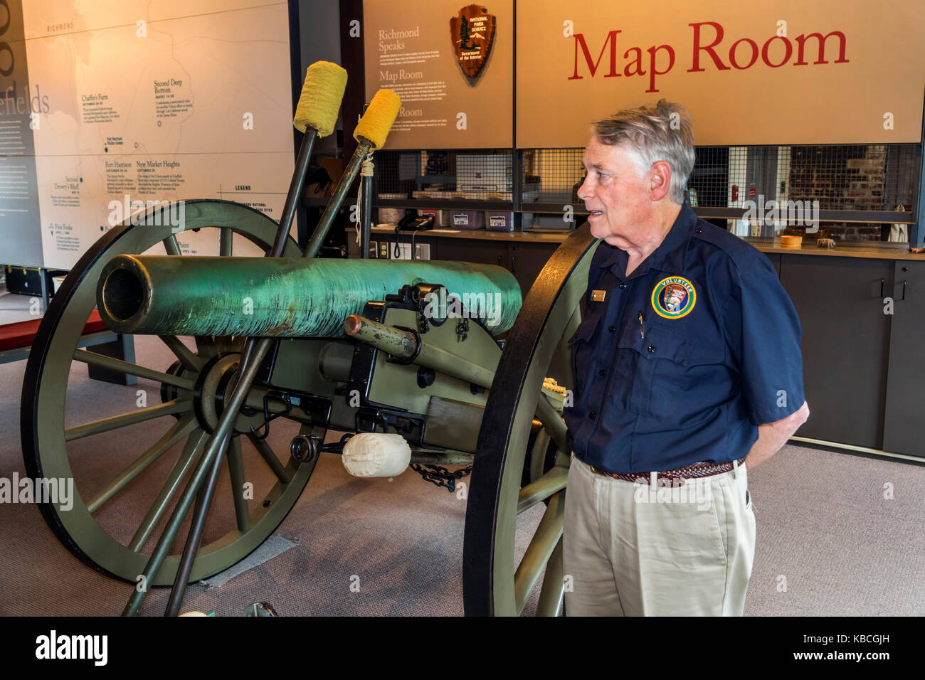 Richmond Virginia, Richmond National Battlefield Park, Tredegar Iron Works, Civil War Visitor Center, mostra interpretativa, cannone, sala mappa, volontario, volun Foto Stock