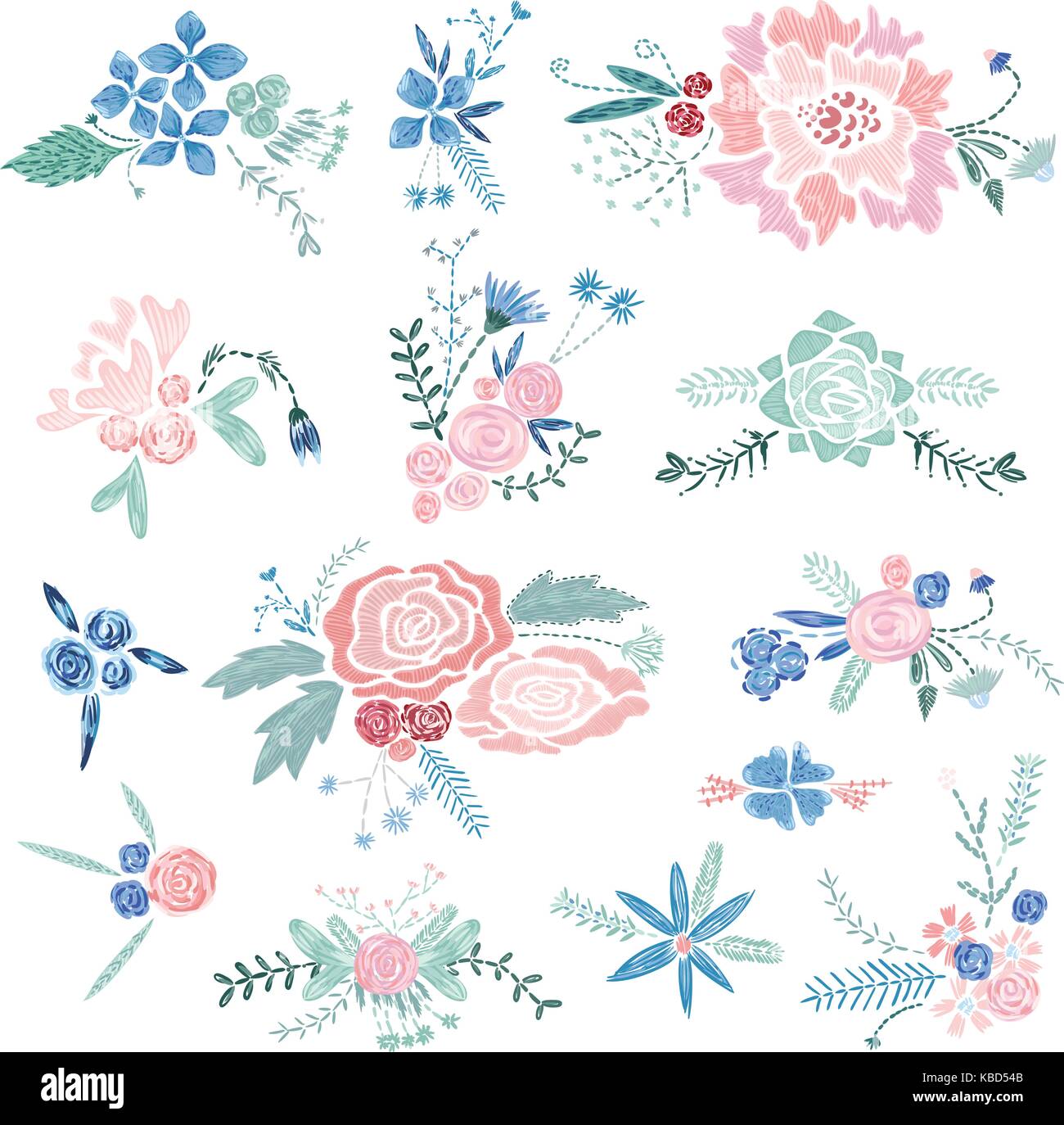 Set di romantico stile ricamo di mazzi di fiori e foglie in colori pastello Illustrazione Vettoriale