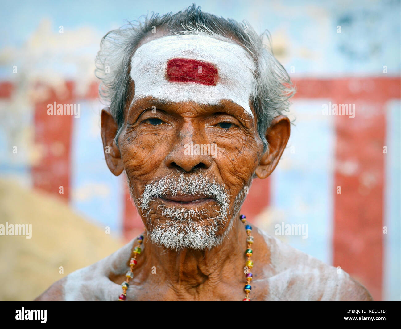 Vecchio shaivite bramino con vibhuti bianco e una quasi rettangolare, rosso tilaka mark (emblematico il terzo occhio) sulla sua fronte Foto Stock