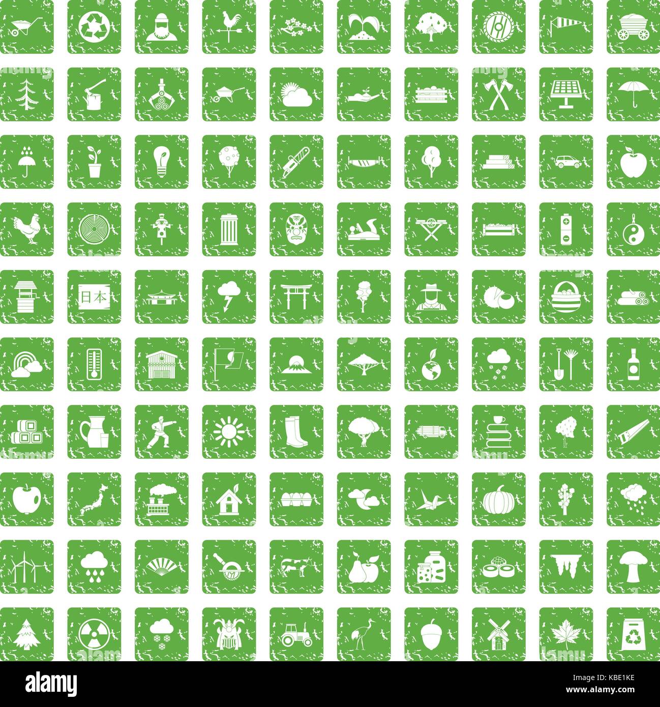 100 albero set di icone grunge green Illustrazione Vettoriale