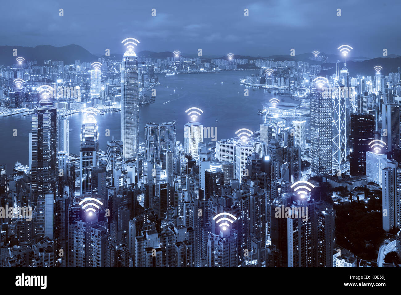 L'icona wifi e della città di Hong Kong con connessione di rete wireless. hong kong smart city e la rete di comunicazione wireless, immagine astratta visual, interne Foto Stock