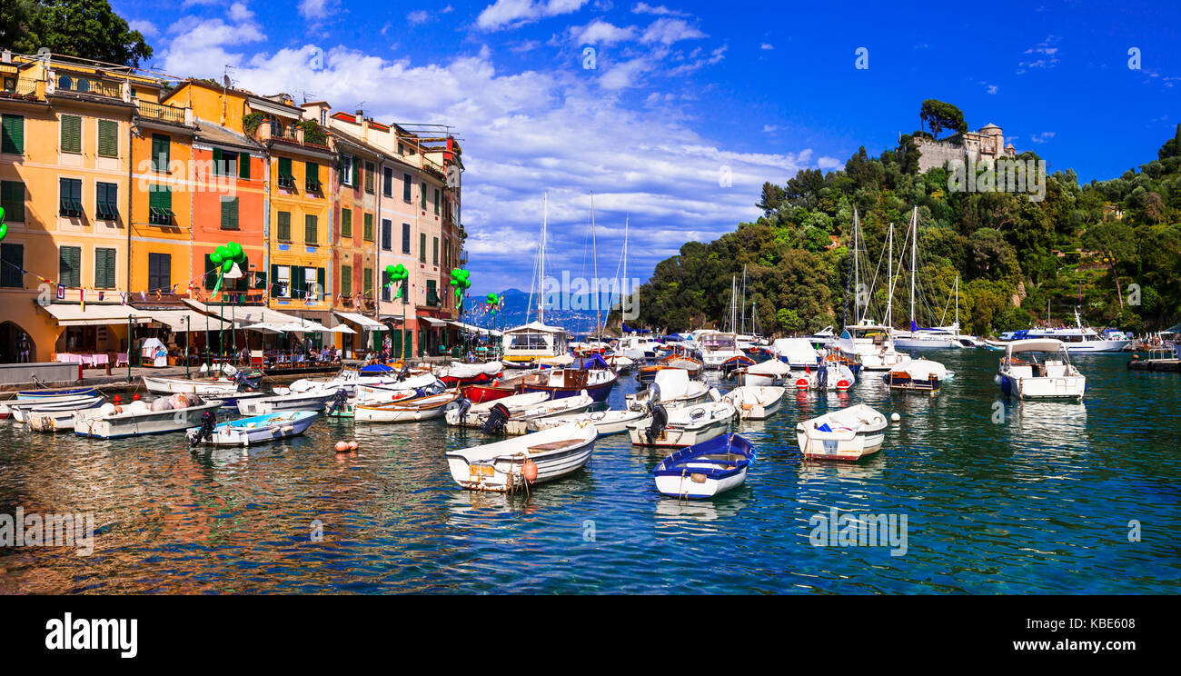 Vista panoramica del villaggio di Portofino,Liguria,l'Italia. Foto Stock