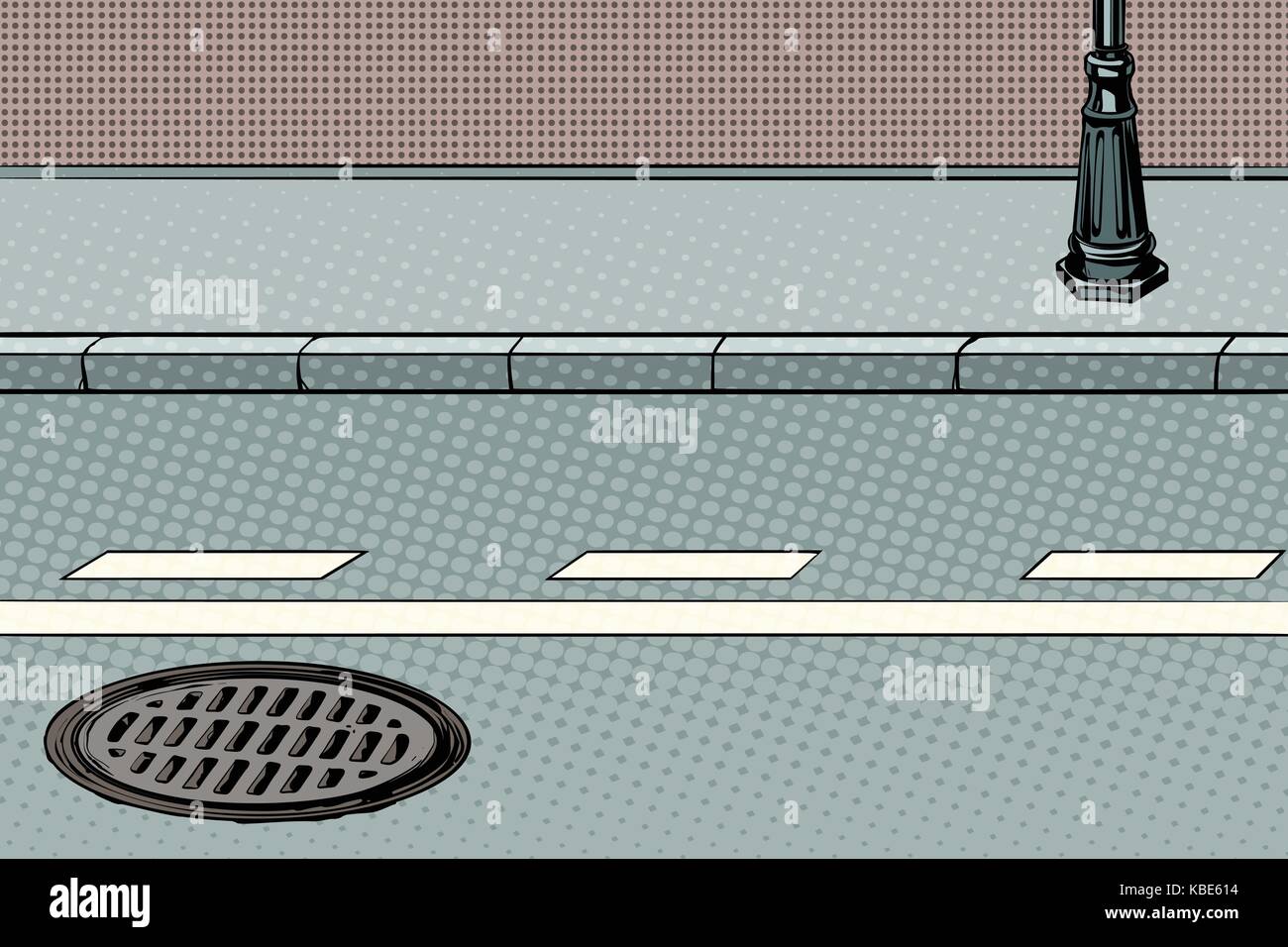 Strada di città con il marciapiede e tombino. arte pop retrò illustrazione vettoriale Illustrazione Vettoriale