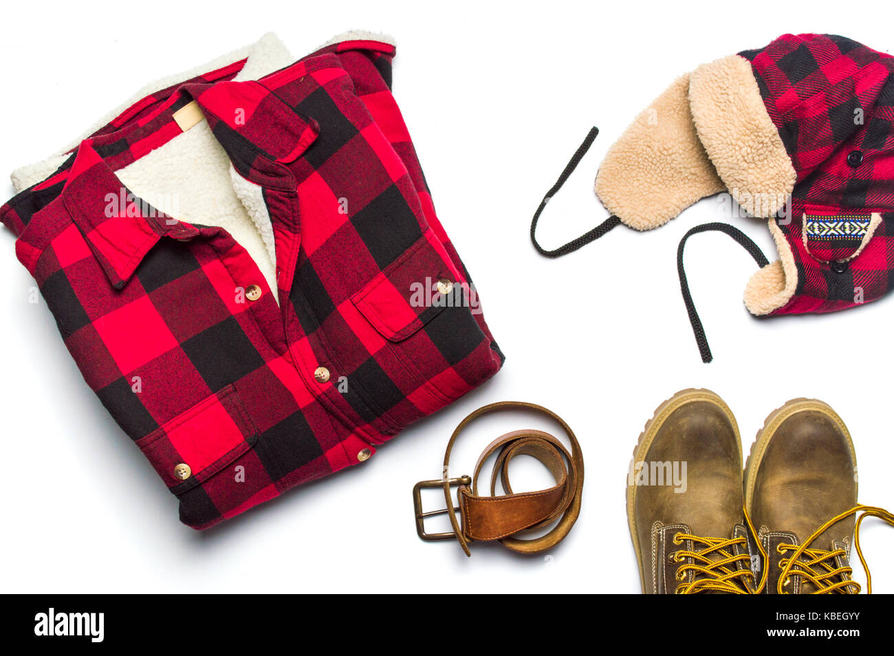 Maschio invernale accessori moda lay piatto isolato su bianco Foto Stock