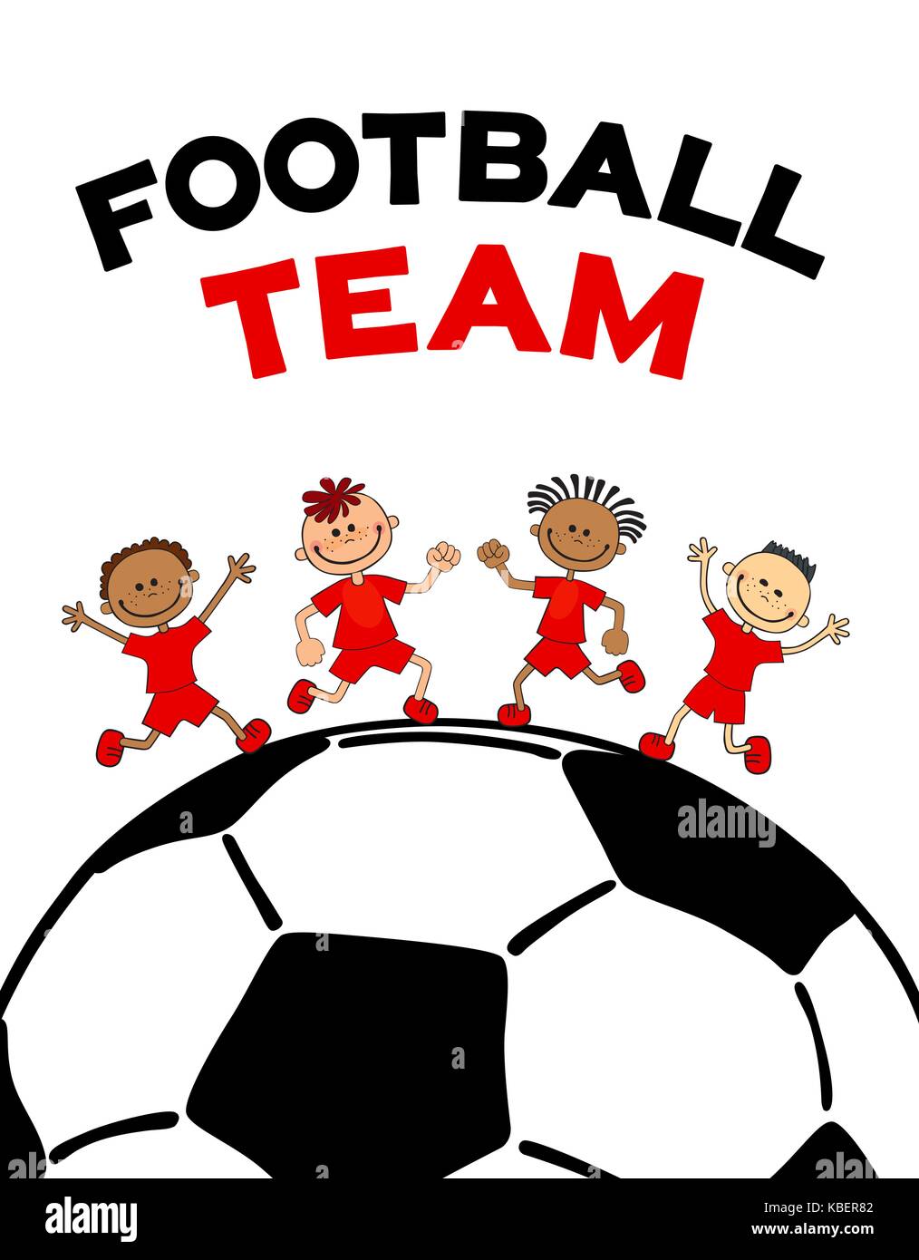 Poster bambini bambino ragazzi sul soccerball. flat illustrazione vettoriale con il testo letterale di calcio Illustrazione Vettoriale