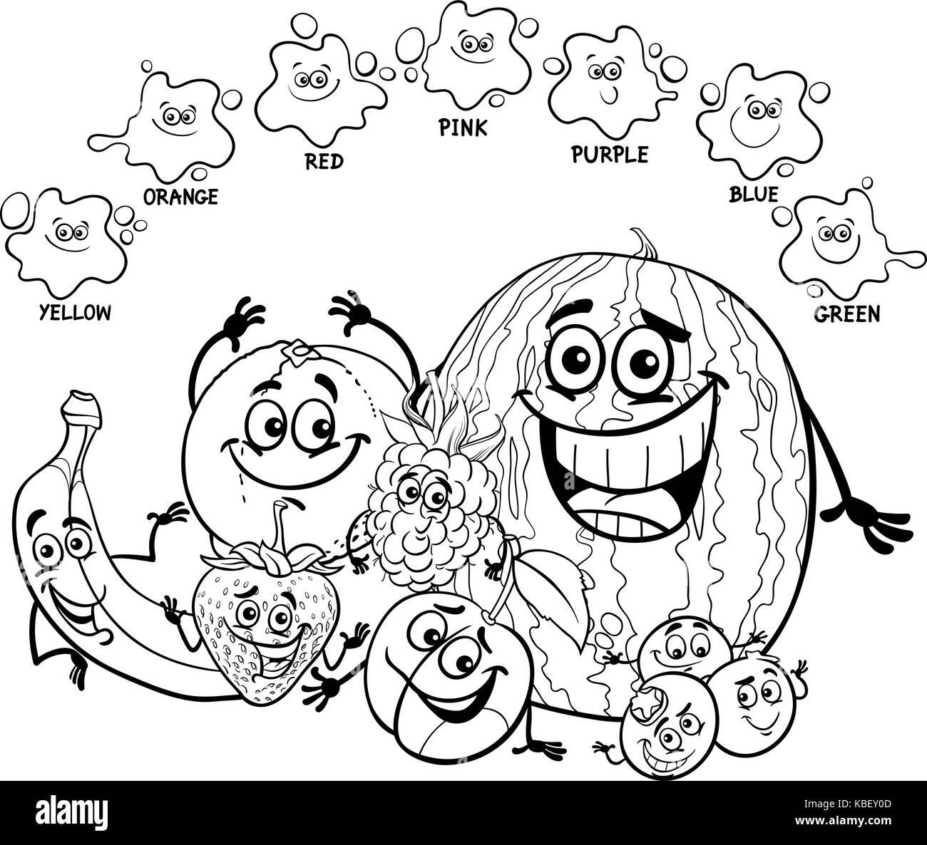 Bianco e nero cartoon illustrazione di primaria colori base pagina educativa per bambini con frutti caratteri alimentare libro da colorare Illustrazione Vettoriale