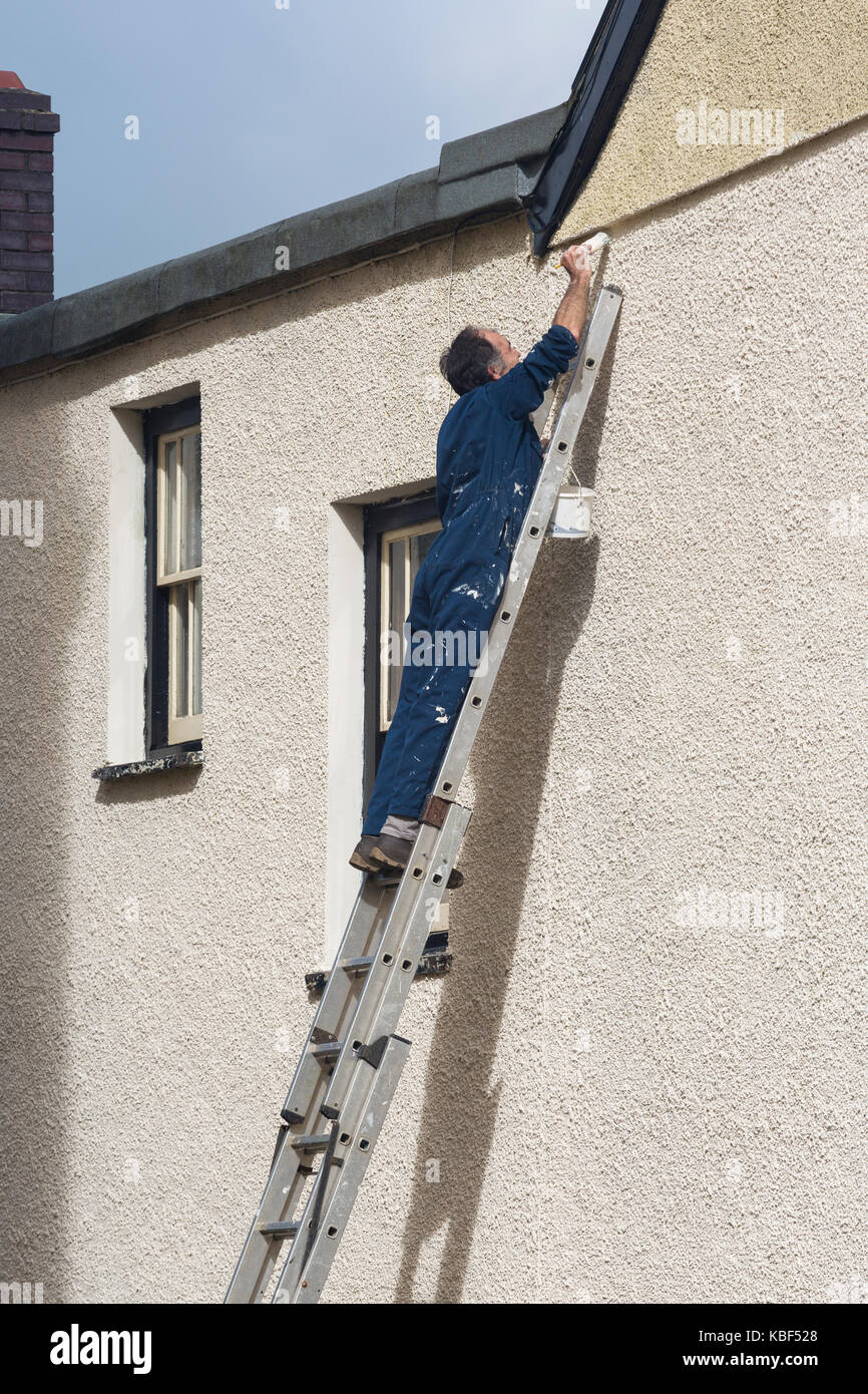 L uomo sulla scala di pittura parete esterna di una casa al di fuori Foto Stock