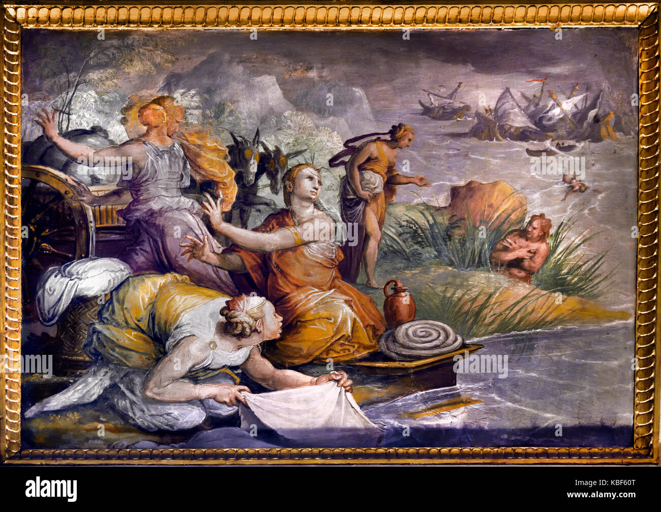 Sala di Gualdrada ( camera privata di Eleonora ) Eleonora di Toledo, moglie di Cosimo I de' Medici. dipinti di Giovanni Stradano o Jan Van der Straet o van der Straat o Stradanus o Stratensis ( 1523 - 1605 ) XVI secolo . Il Palazzo Vecchio a Firenze Italia Foto Stock