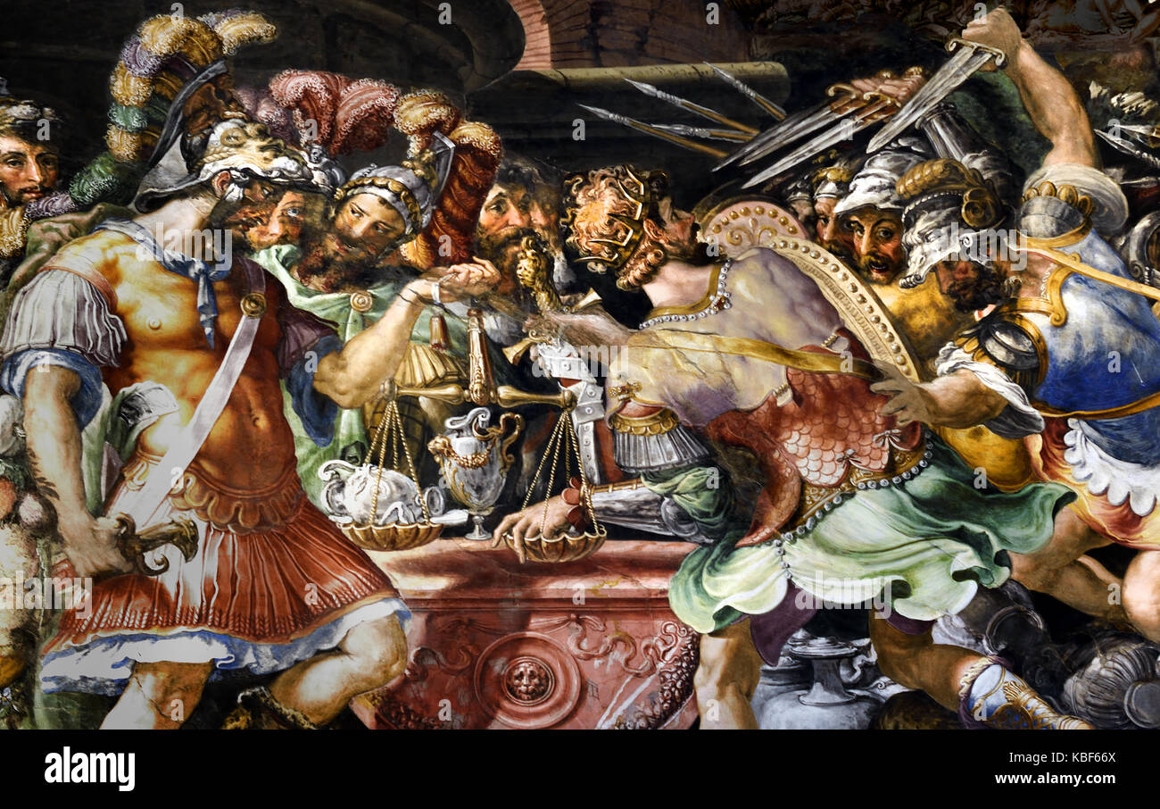 Il pubblico camera o sala della giustizia (Sala dell'Udienz ) utilizzati per alloggiare le riunioni dei sei priori (corporazione maestri di arti). Essa contiene le più antiche decorazioni in palazzo.( i grandi affreschi sulle pareti di un valore decorativo che rappresenta le Storie di Furio Camillo, da Francesco Salviati, erano state effettuate a metà del XVI secolo. ) Il Palazzo Vecchio a Firenze Italia Foto Stock