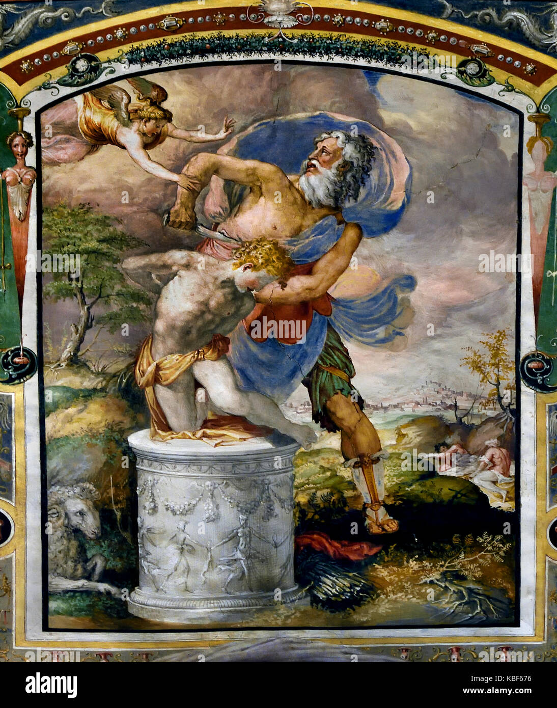 Il pubblico camera o sala della giustizia (Sala dell'Udienz ) utilizzati per alloggiare le riunioni dei sei priori (corporazione maestri di arti). Essa contiene le più antiche decorazioni in palazzo.( i grandi affreschi sulle pareti di un valore decorativo che rappresenta le Storie di Furio Camillo, da Francesco Salviati, erano state effettuate a metà del XVI secolo. ) Il Palazzo Vecchio a Firenze Italia Foto Stock