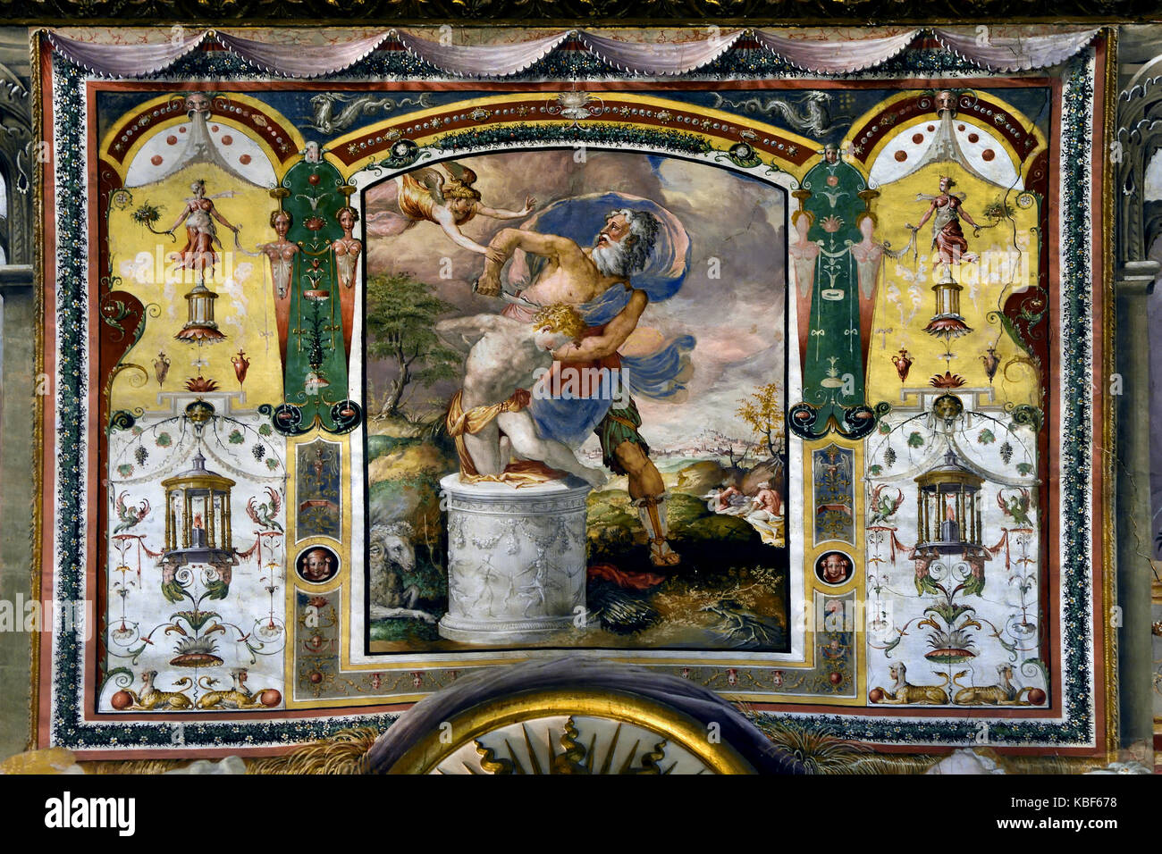 Il pubblico camera o sala della giustizia (Sala dell'Udienz ) utilizzati per alloggiare le riunioni dei sei priori (corporazione maestri di arti). Essa contiene le più antiche decorazioni in palazzo.( i grandi affreschi sulle pareti di un valore decorativo che rappresenta le Storie di Furio Camillo, da Francesco Salviati, erano state effettuate a metà del XVI secolo. ) Il Palazzo Vecchio a Firenze Italia Foto Stock