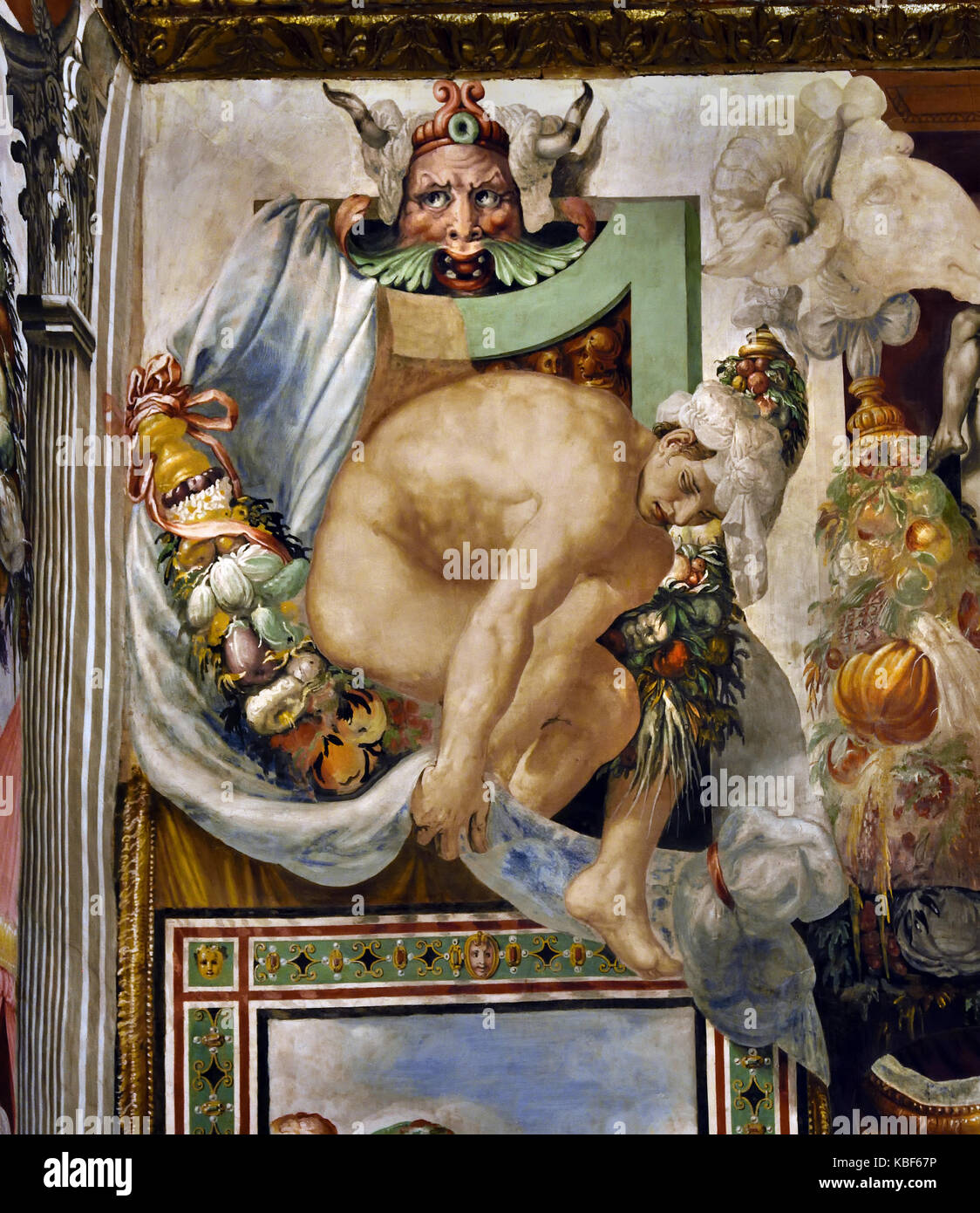 Il pubblico camera o sala della giustizia (Sala dell'Udienz ) utilizzati per alloggiare le riunioni dei sei priori (corporazione maestri di arti). Essa contiene le più antiche decorazioni in palazzo.( i grandi affreschi sulle pareti di un valore decorativo che rappresenta le Storie di Furio Camillo, da Francesco Salviati, erano state effettuate a metà del XVI secolo. ) Il Palazzo Vecchio a Firenze Italia Foto Stock