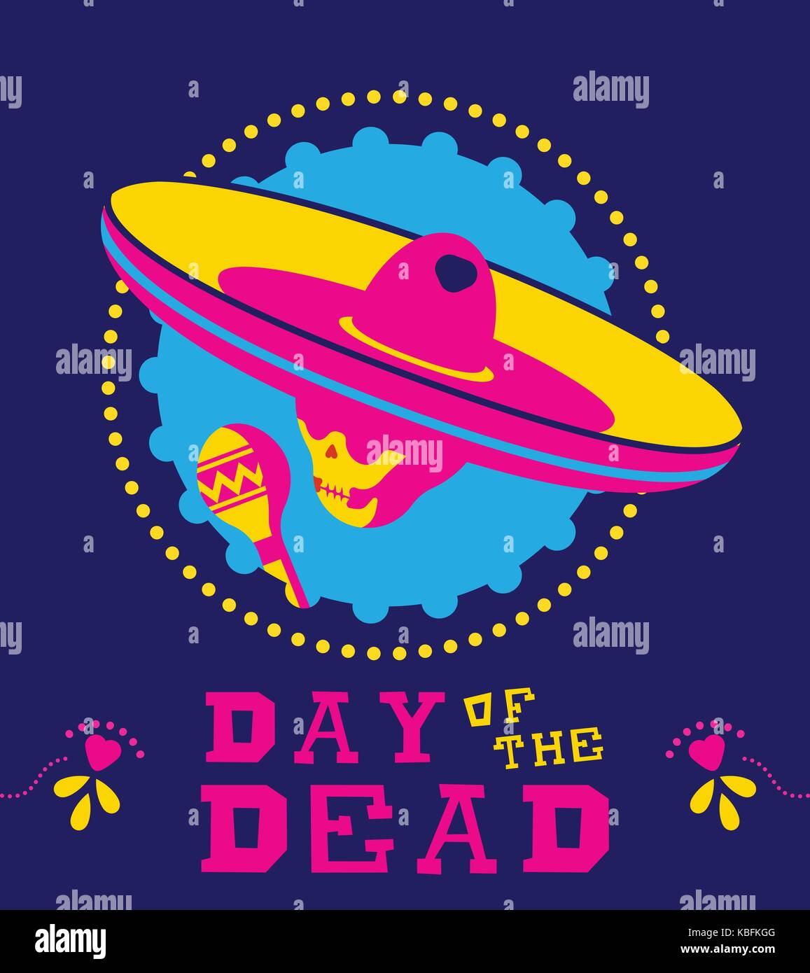 Mexican giorno dei morti vacanza tradizionale illustrazione. appartamento moderno stile di colore teschio di zucchero con mariachi hat e maracas. eps10 vettore. Illustrazione Vettoriale