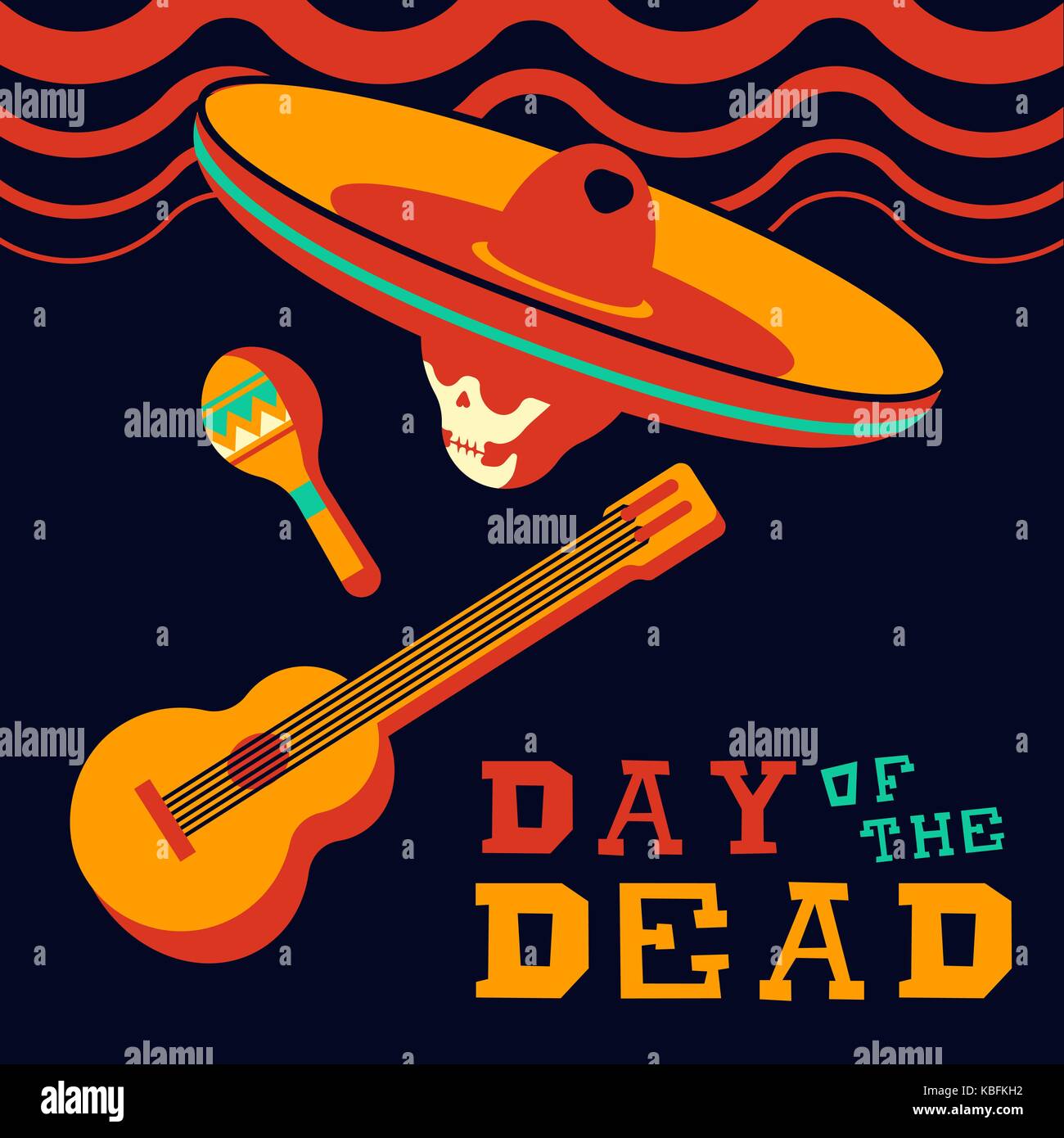 Mexican giorno dei morti holiday illustrazione. appartamento moderno stile di colore teschio di zucchero con mariachi hat, chitarra e maracas. eps10 vettore. Illustrazione Vettoriale