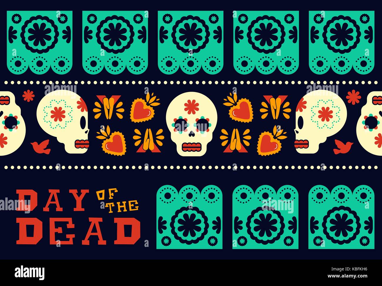 Il giorno dei morti in stile tradizionale seamless design pattern con zucchero il cranio e la moderna cultura messicana decorazione icone. eps10 vettore. Illustrazione Vettoriale
