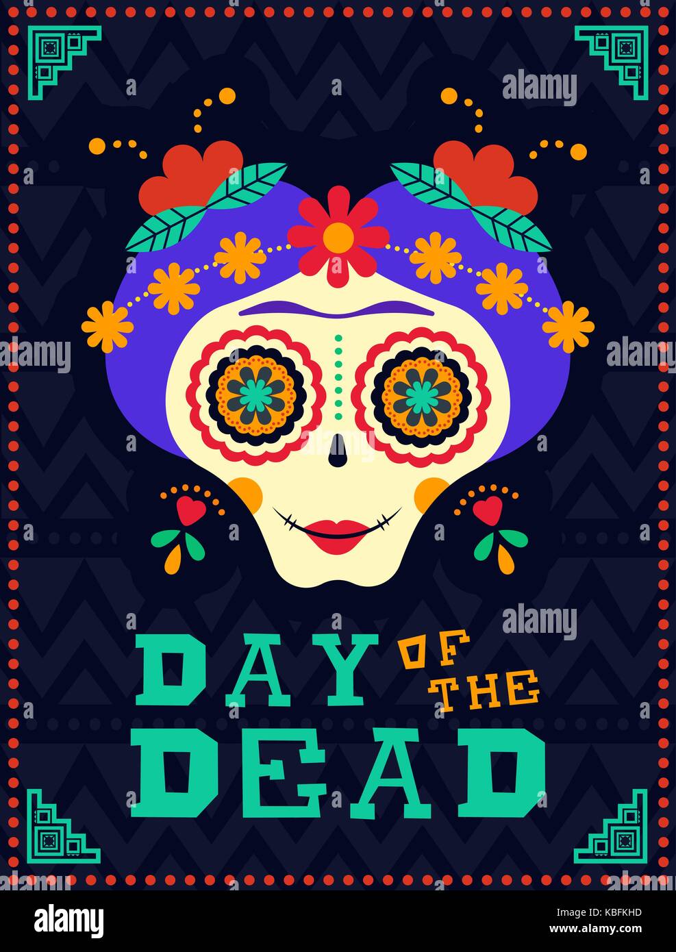 Mexican giorno dei morti celebrazione poster, arte tradizionale zucchero catrina cranio. donna felice con decorazioni di fiori e il trucco in moderni colori piatto st Illustrazione Vettoriale