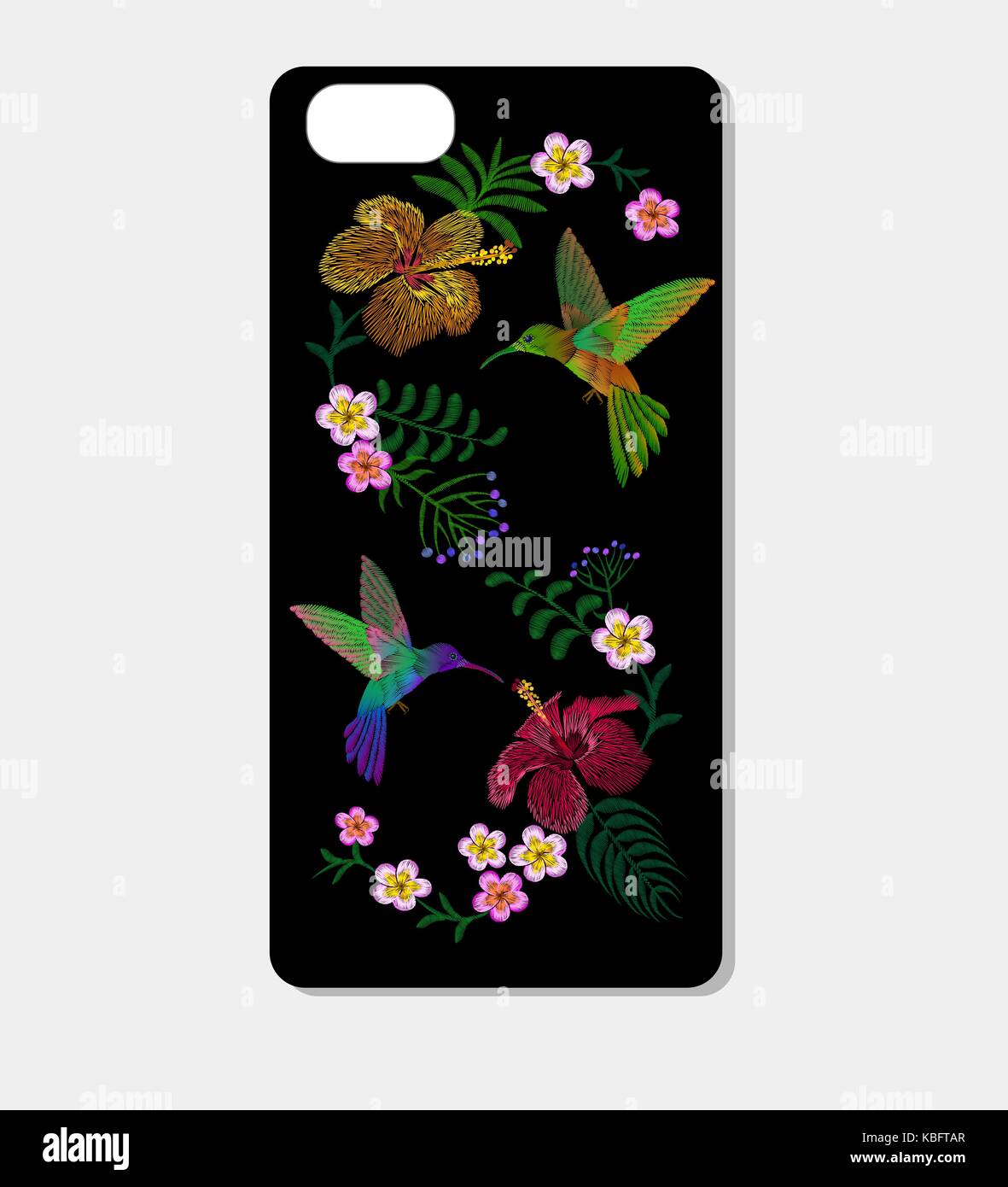 Tropico del ricamo pelle smartphone design della custodia modello. uccelli esotici hummingbird fiore luminoso decor alla moda patch illustrazione vettoriale arte Illustrazione Vettoriale