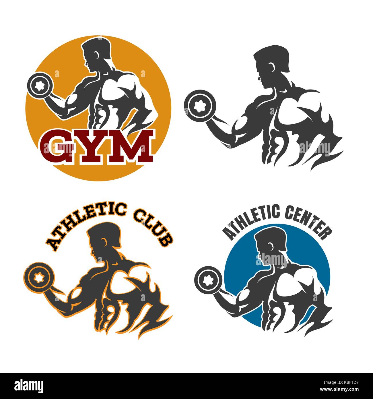 Palestra fitness o emblemi con bodybuilder detiene dumbbel. sport etichetta o athletic club elemento di design. illustrazione vettoriale. Illustrazione Vettoriale