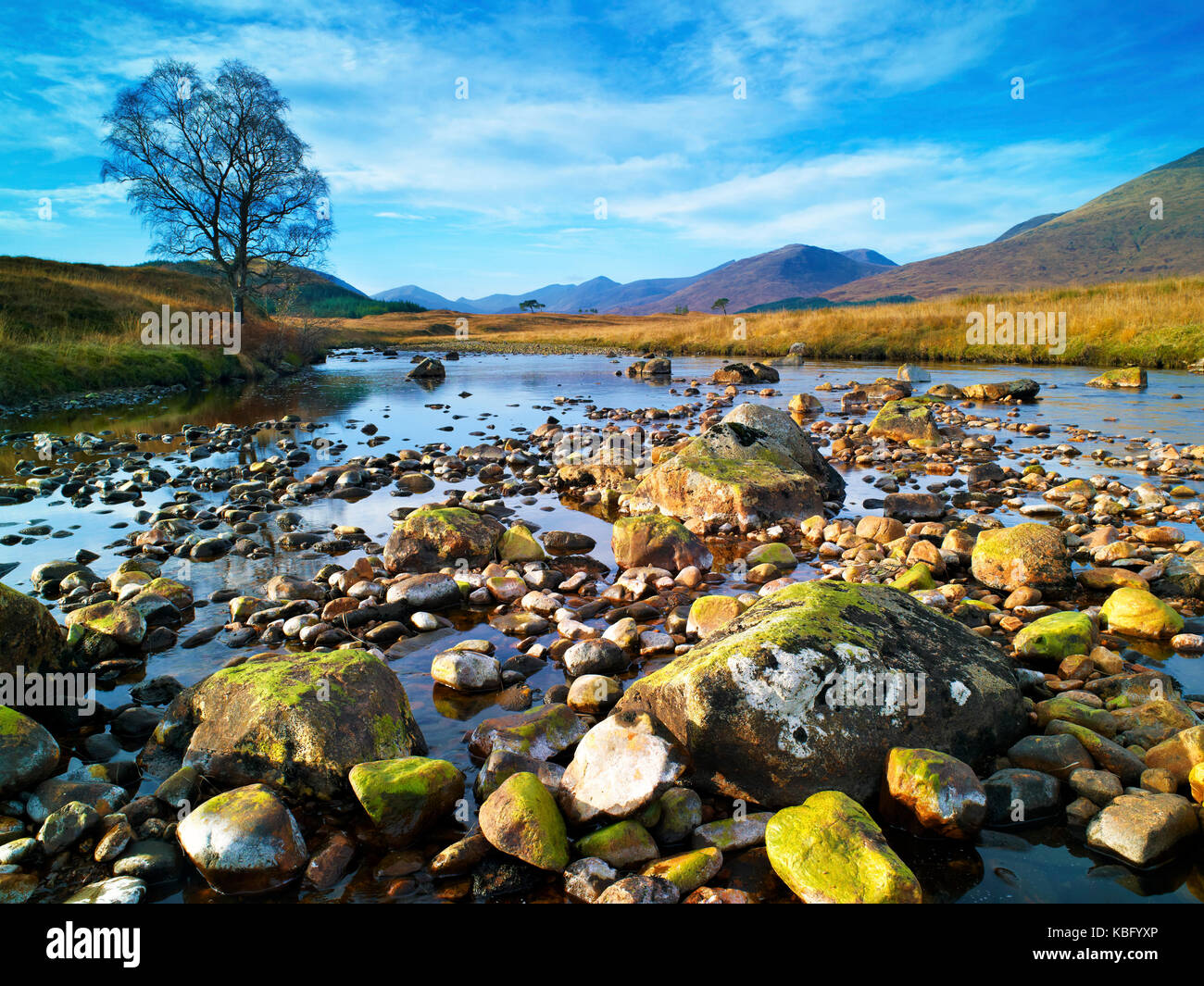 Un inverno vista del fiume abhainn shira, nelle highlands scozzesi, in acque basse Foto Stock