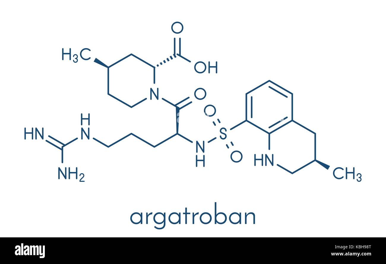 Argatroban farmaco anticoagulante molecola (diretto inibitore della trombina). formula scheletrico. Illustrazione Vettoriale