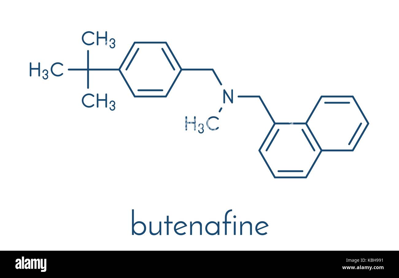 Butenafine farmaco antifungino molecola di formula scheletrico. Illustrazione Vettoriale